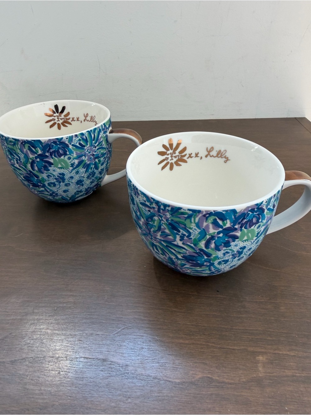 Lilly Pulitzer Floral Ceramic Mugs - Gold Accents Set of 2